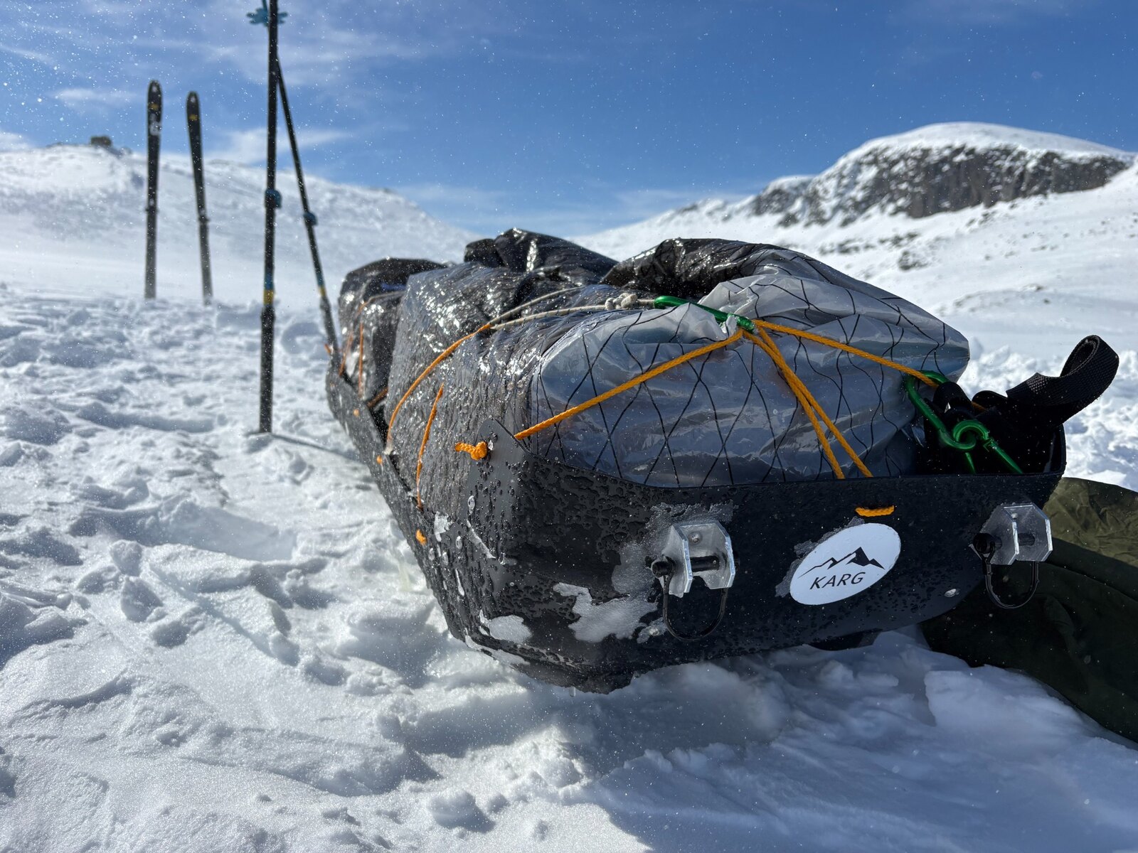Loaded KARG Ski Pulk in snow