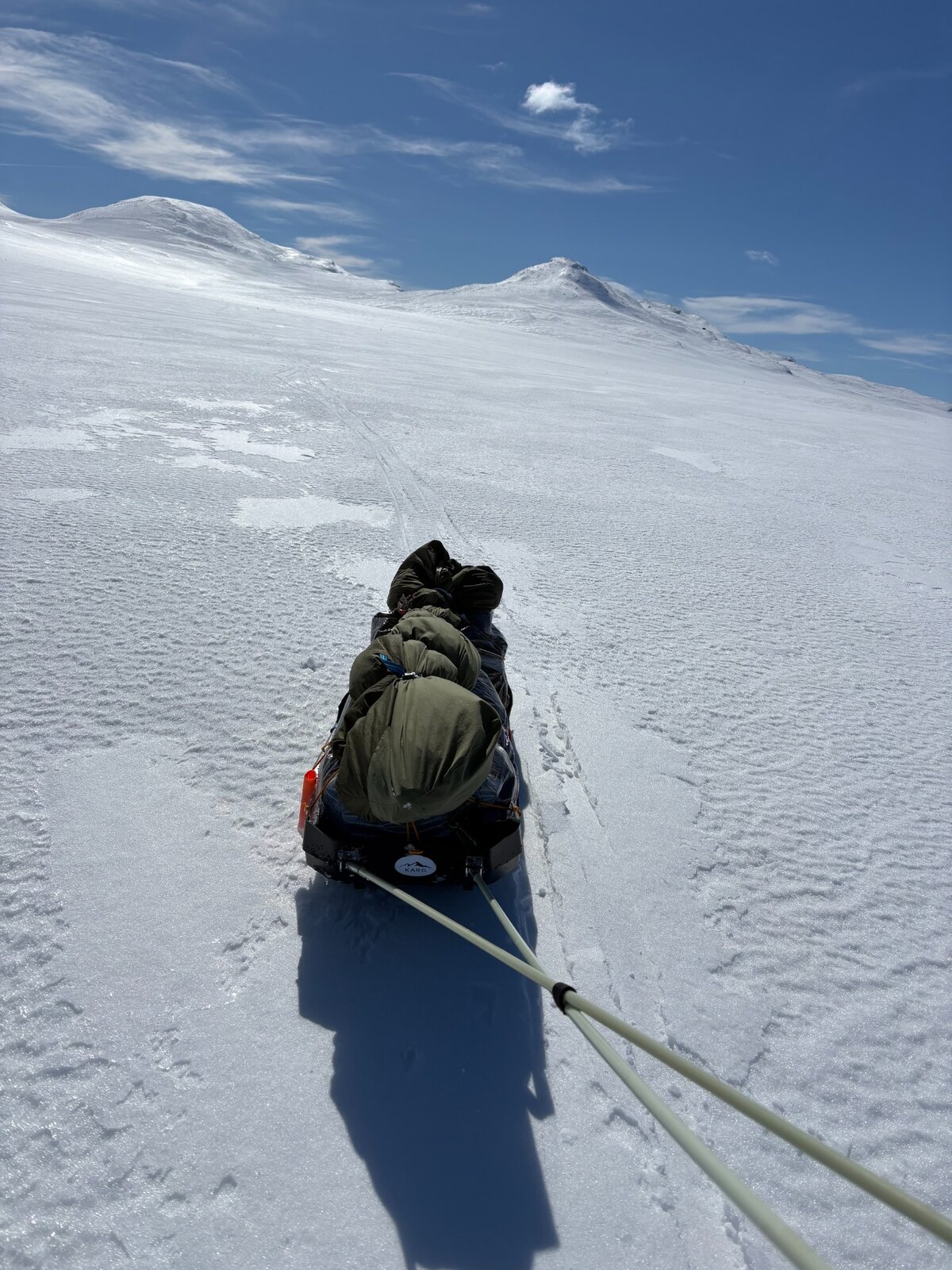 KARG Ski Pulk and shafts in use on snow
